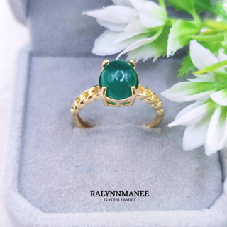 RP006 แหวนพลอยโมราแท้ ( Chrysoprase ) ตัวเรือนเงินแท้ 925 ชุบทอง เป็นงานแก้ไซส์ฟรี