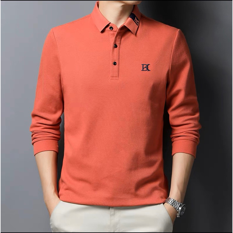 [9 สี] เสื้อยืดโปโล แขนยาว ผ้าฝ้าย ปักลาย สําหรับผู้ชาย