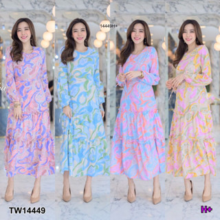 👗Pfashion [ส่งไวมาก🚛] P14449 เดรสยาวปลายแขนพองลายกราฟฟิก