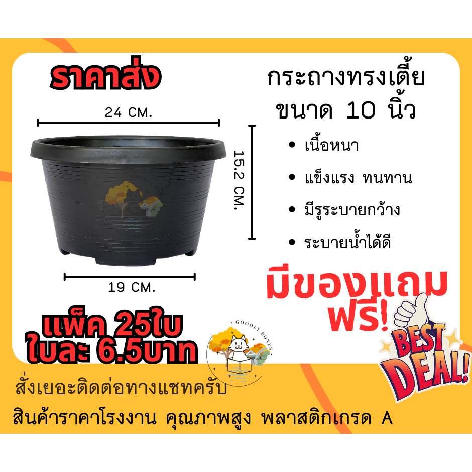 (แพ็ค25ใบ) กระถางต้นไม้พลาสติก ทรงเตี้ย 10 นิ้ว (ราคาส่ง) กระถางพลาสติก ปลูกต้นไม้ แคคตัส