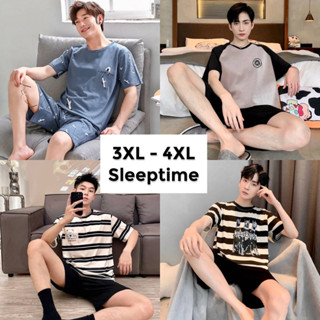 Sleeptime 😊3XL,4XL (มี 4 ลาย) สไตล์มินิมอล ชุดนอนผ้าคอตตอน ชุดนอนผู้ชายขาสั้นแขนสั้น ST133