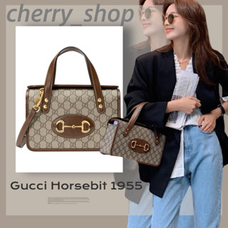 🍒กุชชี่ Gucci Horsebit 1955 Mini Tote Bag🍒กระเป๋าถือ/ผู้หญิง/น้ำตาล/กระเป๋าสะพายไหล่