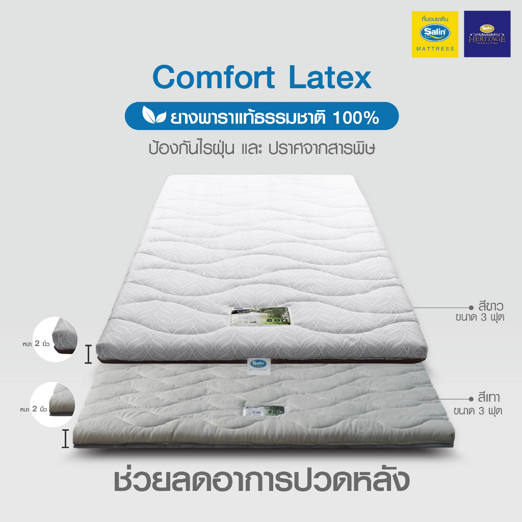 Satin Heritage ที่นอนยางพารา รุ่น Comfort Latex  ขนาด 3 ฟุต หนา 2 นิ้ว สีขาว - สีเทา ช่วยลดอาการปวดหลัง