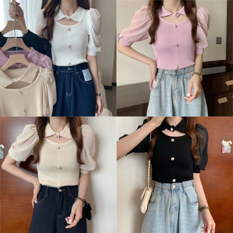 👚Anna👚7213-1❤️เสื้อสเวตเตอร์เสื้อไหมพรมแขนสั้นคอสี่เหลี่ยมสไตล์ฝรั่งเศสสำหรับผู้หญิงถูกตัดแขนฟองสบู่