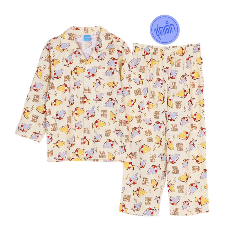 Momoji ชุดนอนเด็กชาย ลายฉลาม สีครีม สีเทา