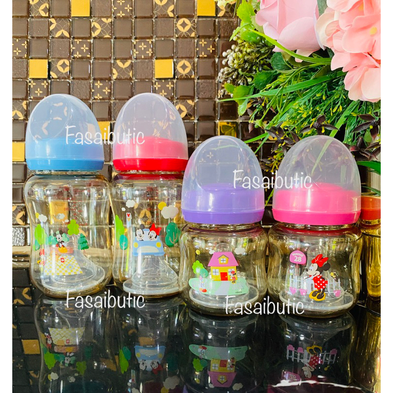 ขวดนม คอกว้าง 4 ออนซ์​ 8ออนซ์​ สีชาลายMK+MN BABI CARE Ultra Premium ทนความร้อน​110​องศา​ ใส่จุกนมพีเจ้น​ได้​จ้า