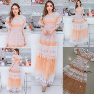 🧡พร้อมส่ง M-4XL🧡ป้าย ANANYA💕เดรสยาว เดรสลูกไม้ แต่งระบายชั้น สวยอลังมาก