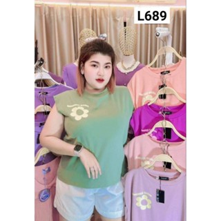 689.Lเสื้อแขนกุดสาวอวบผ้ายูนิโคล่ อกสกรีนดอกไม้ อก38-48"