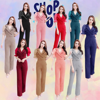 SS17316 จั๊มสูทขายาว แต่งริบบิ้นหยัก + เข็มขัด Long-sleeved jumpsuit decorated with wavy ribbon + belt