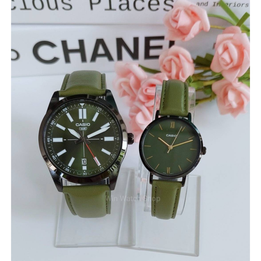 นาฬิกา Casio แท้ รุ่น LTP-VT02BL-3A และ MTP-VD02BL-3E นาฬิกาข้อมือ สายหนังสีเขียว ของแท้ 100% รับประกันสินค้า 1 ปี