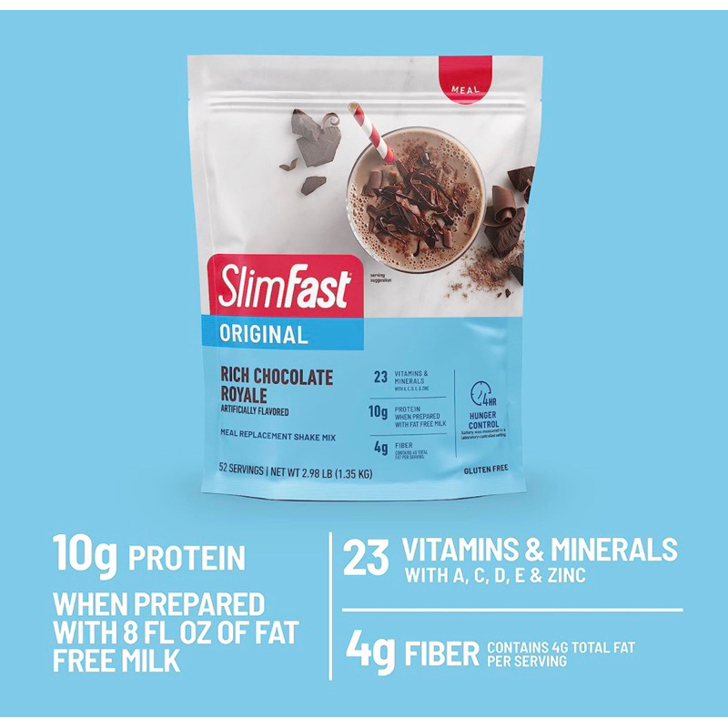 *พร้อมส่ง (1.35 Kg) 52 มื้อ โปรตีนดื่มทดแทนอห.ควบคุมน้ำหนัก SlimFast Meal Replacement Powder,Original RichChocolate