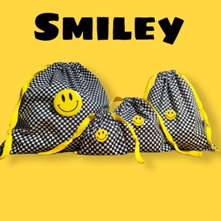 กระเป๋าผ้า ถุงผ้าหูรูด ลายตารางหมากรุกเล็ก Smiley Size S, M, L, XL,