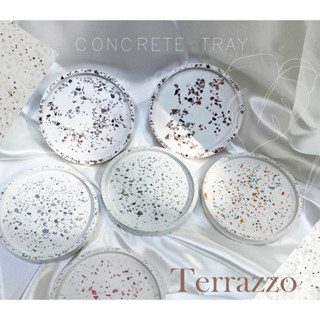 ถาดปูนหินขัดทรงกลม Terrazzo ถาดวางของ ถาดรองแก้ว พร็อพถ่ายรูป