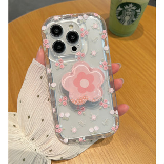 สต๊อคไทย พร้อมส่ง #เคสไอโฟน #iPhone 11-14promax 🌷เคสยางสีขาวสกรีนลาย+holder ดอกไม้ชมพู