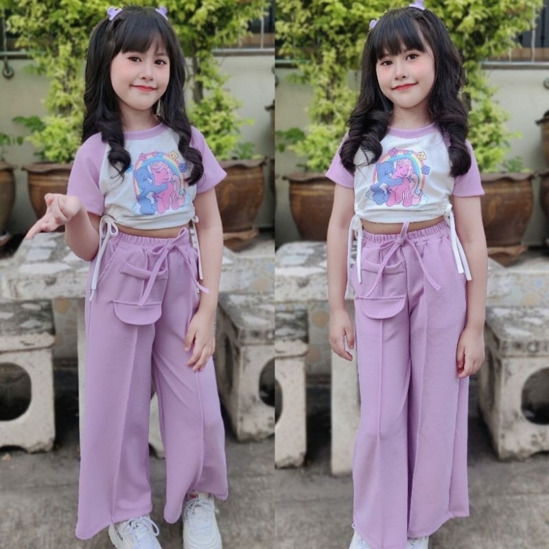 Ja // แฟชั่นเด็ก ชุดเซ็ทเด็ก Care Bear 2 ชิ้น เสื้อรูดเว้าข้างไหล่สโลป+กางเกงขายาวกระเป๋าข้าง สกรีนก