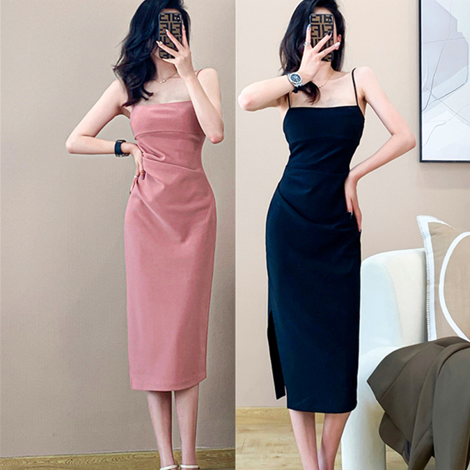 611 เดรสยาว สายเดี่ยว เก็บหน้าท้อง มี2สี ผ้าไหมบิด น่ารักหวาน สไตล์ฝรั่งเศส