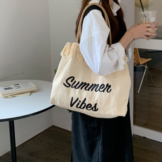 Vi909 กระเป๋าผ้าสะพายไหล่ Tote Bag ผ้าใบทอ ปักลายSummer Viber หูจับหนังสาน (2สี ครีม/ชมพู)