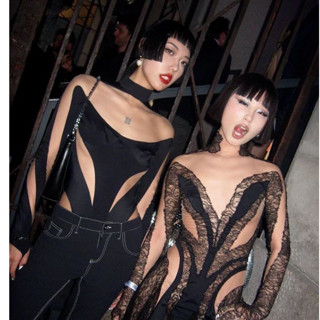 MUGLER BODYSUIT บอดี้สูท ผ้าสวยมาก ผ้าซีทรู แม็ทดำ เป้ากระดุมอย่างดี สวย เซ็กซี่ เข้ารูป