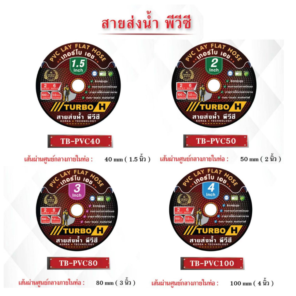 TURBO-H สายส่งน้ำ PVC 1.5 / 2  / 3 / 4 นิ้ว ทนแรงดัน 4 บาร์ ยาว 100  ม. รุ่น TB-PVC40 / TB-PVC50 / T