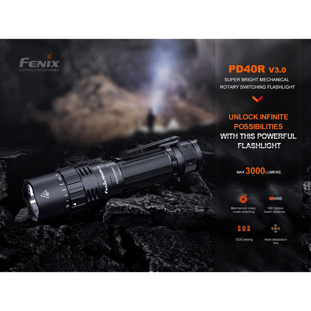 ไฟฉาย Fenix PD40R V3.0 SUPER BRIGHT MECHANICAL ROTARY SWITCHING FLASHLIGHT สินค้าตัวแทนในไทยประกันซ่อมสามปี