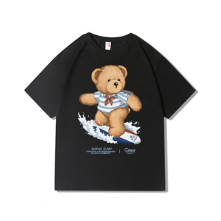 เสื้อยืดแขนสั้นผู้ชาย Teddy Bear ผ้าฝ้ายพิมพ์ลายใหม่น่ารักแขนสั้นอินเทรนด์