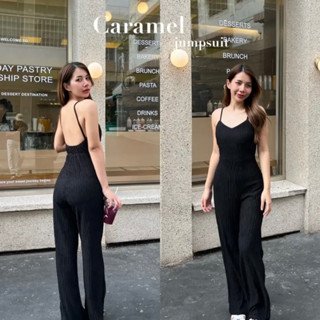 pre order แบบใหม่ jumpsuit จั๊มสูทขายาว รุ่น caramel ผ้ายืดมีร่อง สวยเชิ่ด