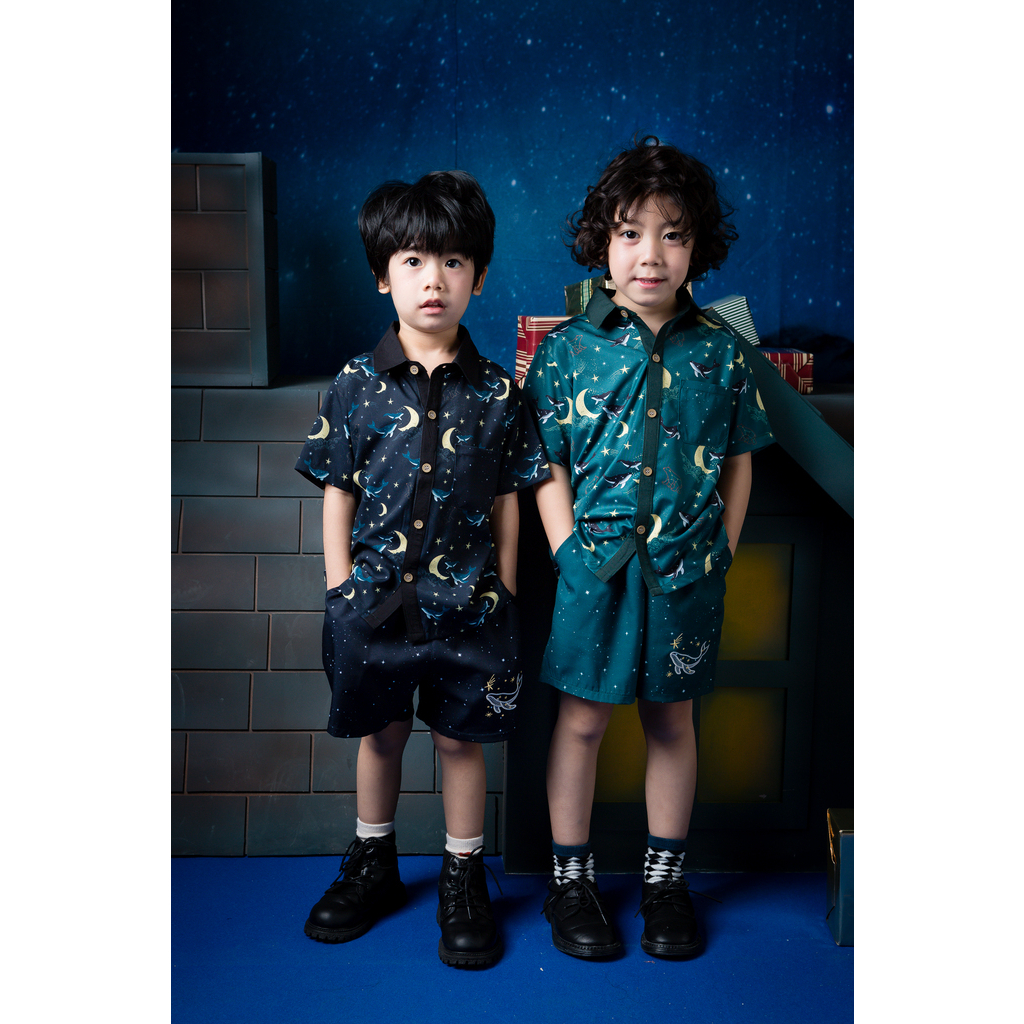 Haus&Lyn - ชุดเซ็ทเด็กผู้ชาย เสื้อผ้าเด็กผู้ชาย เสื้อเชิ้ตเด็กผู้ชาย สไตล์เกาหลี slim fit ลายปลาวาฬ อายุ 1-5 ปี