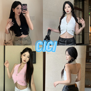 CIci(NO.Z836)เสื้อครอปคล้องคอไหมพรม กระดุมจริง ดีเทลกระเป๋าแต่งหลอก เหมาะกับสายแฟชั่น