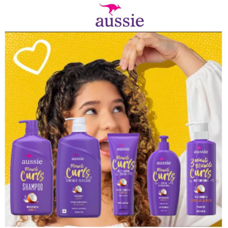 Aussie Miracle Curls with Coconut & Jojoba Oil - Shampoo, Conditioner, Cream & Detangle Milk แชมพู ครีมนวดผมดัด ผมหยิก