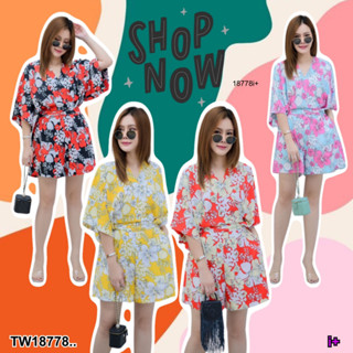 TwinsShopVip💗พร้อมส่ง TW18778 Jumpsuit #สาวอวบ ขาสั้น ทรงกิโมโน ดีเทลจับจีบเอว ..