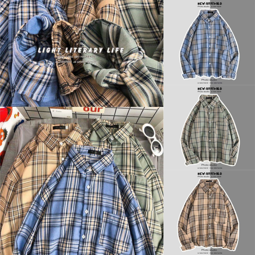 ล้างสต็อก พร้อมส่ง WMA1868 เสื้อเชิ้ตลายสก๊อตผู้ชาย แขนยาว สไตล์ฮ่องกง Color Blocking Loose Shirt มี3สี
