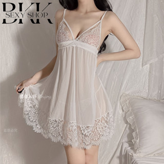 ชุดนอนซีทรู ชุดนอนเซ็กซี่ สายเดี่ยวผูกหลังประโปรงแต่งลูกไม้ …