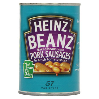 Heinz  Beanz Baked Beans wih Pork Sausages in a Rich Tomato Sauce 415g ไฮนซ์ เบคบีน ถั่วซอส ถั่วอบ ถั่วกระป๋อง