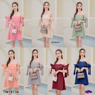 18734 เดรสสั้น แต่งโบว์แขน สม็อคหลัง Short dress with bow on the sleeves, smocked back