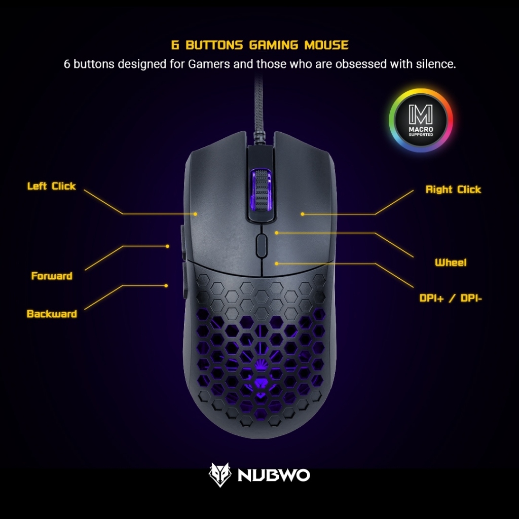 🎮 GAMING NUBWO NM-94M GAMING MOUSE เมาส์เกมมิ่ง มีไฟ RGB MURDERER SILENT Macro เมาส์มาโคร เสียงเงียบ ปรับ DPI 6400 NM094