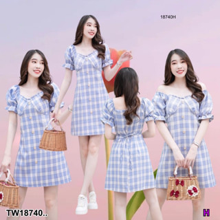 J18740 เดรสแขนตุ๊กตาลายสก๊อต Doll sleeve dress, Scott pattern