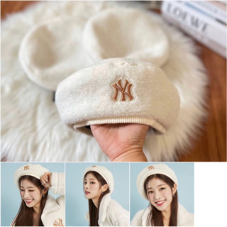 พร้อมส่งหมวก MLB Fleece Beret New York Yankees หมวกเบเร่ต์  สีขาว ⚪️⚪️  โลโก้ NY สีทอง