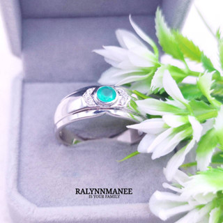 A6447 แหวนชายพลอยโมราแท้ ( Chrysoprase ) ตัวเรือนเงินแท้ 925 ชุบทองคำขาว แหวนไซส์ 69 แก้ไซส์ฟรี
