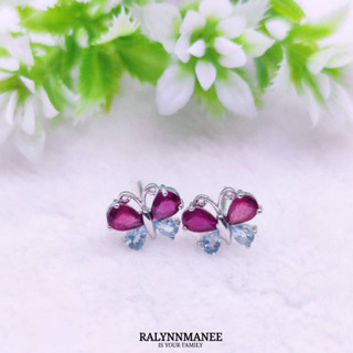 AE005 ต่างหูพลอยทับทิมและโทพาซแท้ ( Ruby , Topaz ) แบบก้านเสียบ ตัวเรือนเงินแท้ 925 ชุบทองคำขาว