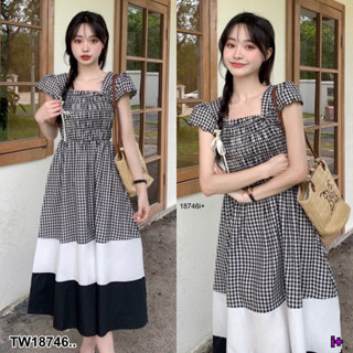 18746 เดรสยาว สม็อคอกลายสก็อต กระโปรงสลับสี Long dress, chest smock, plaid pattern color changing skirt