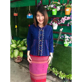 เสื้อม่อฮ่อมปักดอกแบบแขน 5 ส่วนฟอกนิ่ม
