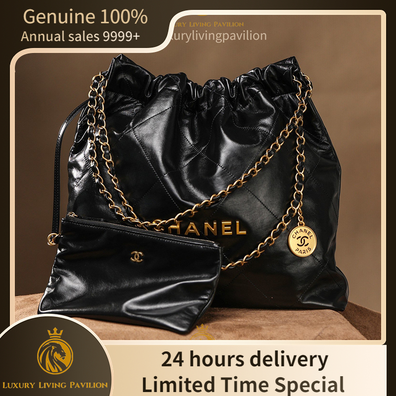 👜ซื้อในฝรั่งเศส ใหม่ Chanel 22 Handbags 35-39 ซม.! สีดำ! หนังวัว! สายรัดไหล่สีทอง กระเป๋าแฟชั่น ของแท้ 100%