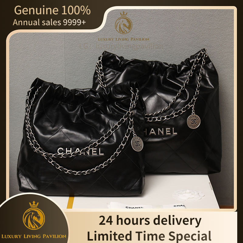 👜ซื้อในฝรั่งเศส ใหม่ Chanel 22 Handbags 35-39 ซม.! สีดำ! หนังวัว! สายรัดไหล่เงิน! กระเป๋าแฟชั่น ของแท้ 100%