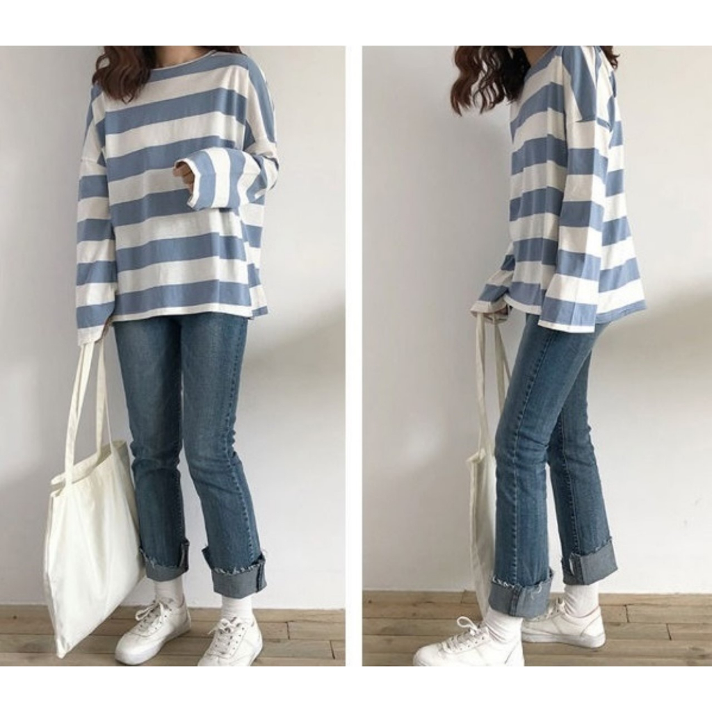 ꕥCatalog Fashionꕥ เสื้อยืดคอกลมแขนยาวลายทาง 3 สี