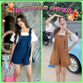 #YN14002🫐Floral denim overalls🫐ชุดเอี๊ยมยีนส์ขาสั้นลายดอกไม้ สายปรับความยาวได้ เอี๊ยมกางเกงขาสั้น