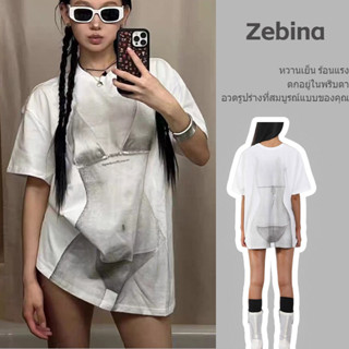 Zebina รูปแบบบิกินี่ยุโรปและอเมริกาพิมพ์เสื้อยืดผู้หญิงฤดูร้อนสีขาวสาวร้อนซีทรูหลวมความยาวปานกลางแขนสั้นด้านบน