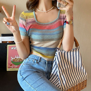 🌈 STHBK307 🌈 เสื้อยืดไหมพรมลายทางแขนสั้นผู้หญิง สีสันสดใส Free size แบบสวมแฟชั่นวินเทจ Y2K