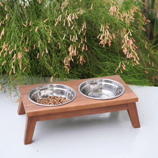 SiamMandalay Pet Bowl with Wooden Stand ชามอาหารสัตว์เลี้ยง ฐานไม้ ที่วางชามอาหารหมาแมว แบบคู่ 2 หลุม