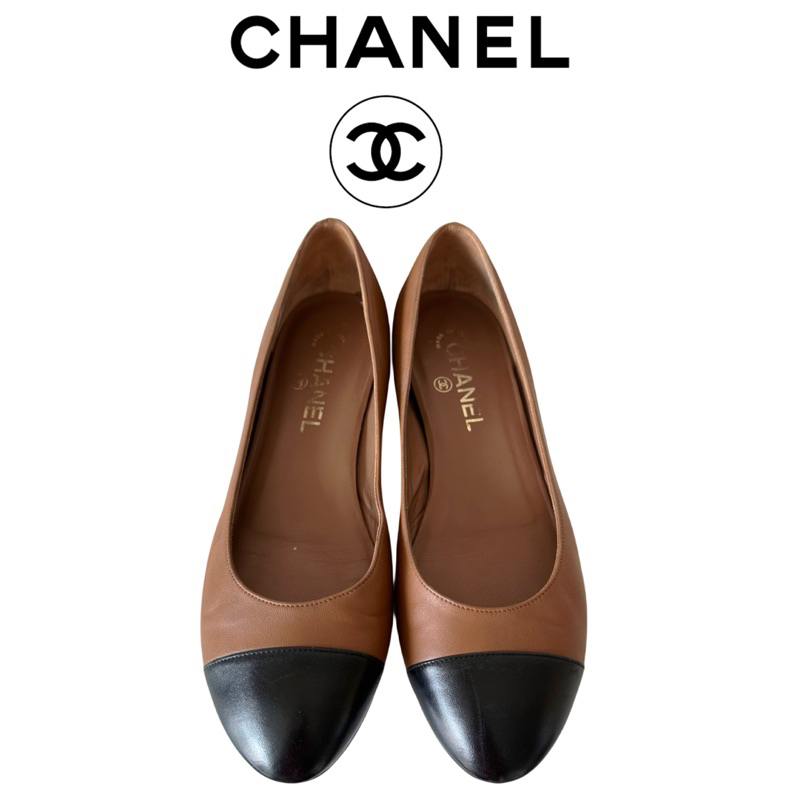 รองเท้า CHANEL leather brown and black ballet flat shoes มือสอง (แท้ 💯)