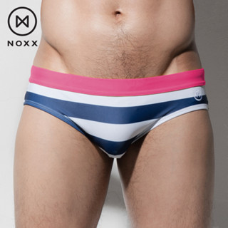 Noxx Swim Briefs: กางเกงว่ายน้ำ บรีฟ แถบสีน้ำเงินขาว ขอบเอวสีชมพู